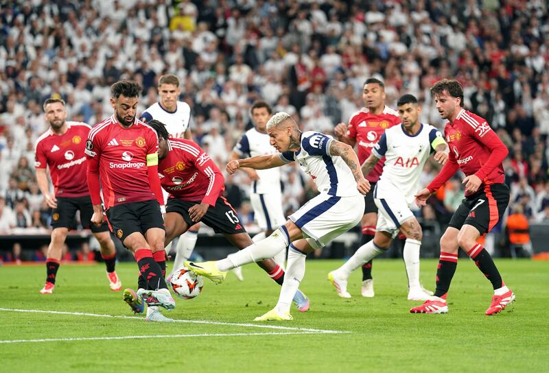 Tottenham Hotspur's Richarlison attempts a shot on goal. Photograph: Adam Davy/PA