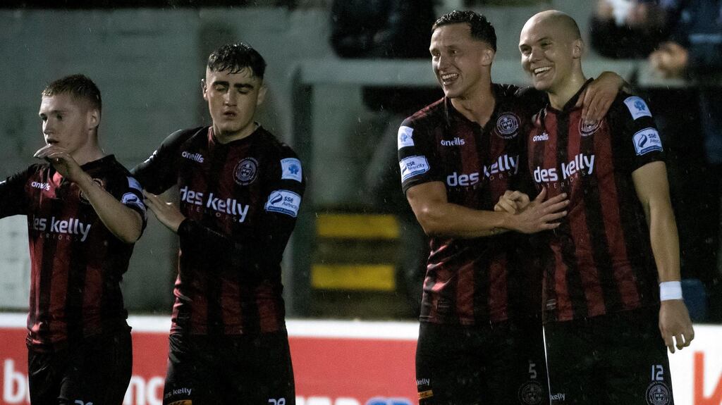 Bohemians’ Georgie Kelly celebrates his goal with team-mates during the SSE Airtricity League Premier Division game against Finn Harps at Finn Park in Ballybofey. Photograph: Evan Logan/Inpho