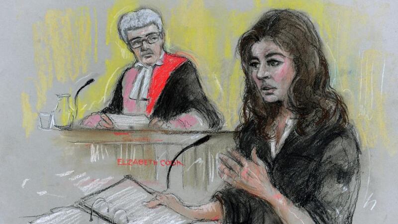 Court artist sketch by Elizabeth Cook of Nigella Lawson  giving evidence at Isleworth Crown Court today. Image: Elizabeth Cook/PA