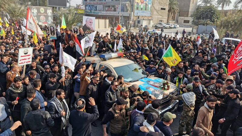 Mourners attend the funeral of the Iranian Major-General Qassem Suleimani  . Photograph: Thaier al-Sudani/Reuters