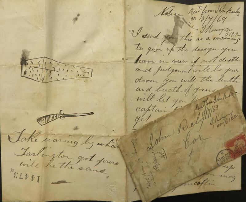 Letter and envelope dated 1869, from ‘Captain Rock’, posted from Athlone and addressed to Peter Rush of Corr in Westmeath, containing a death threat and examples of threatening art.  (Courtesy of the National Archives of Ireland)