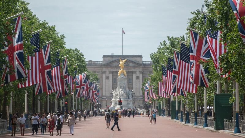 London’s  Mall lined with American and Union Jack flags ahead of Donald Trump’s state visit to the UK. Photograph: David Mirzoeff/PA