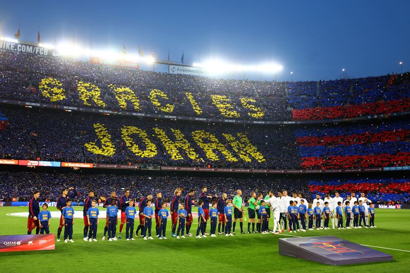 Fans unveil a mosaic tribute to the former Barcelona player and manager Johan Cruyff before the La Liga match between Barcelona and Real Madrid at Camp Nou in April 2016. Photograph: Paul Gilham/Getty Images