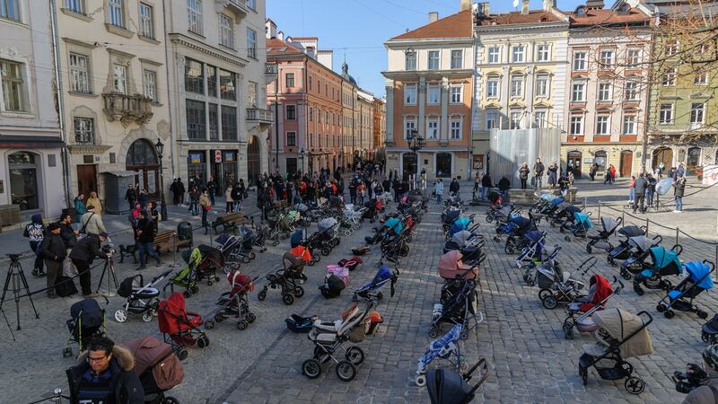 Lviv’s main square  filled with empty strollers earlier this month to mourn the youngest victims of the invasion. Photograph:  Mykola Tys/SOPA Images/LightRocket via Getty Images