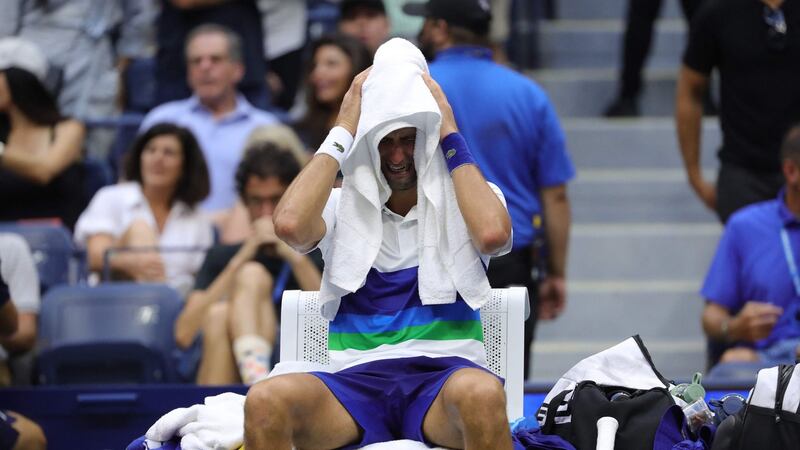 Novak Djokovic sheds tears during the final of the US Open men’s final against  Russia’s Daniil Medvedev at Flushing Meadows in New York. Photograph: Kena Betancur/AFP via Getty Images