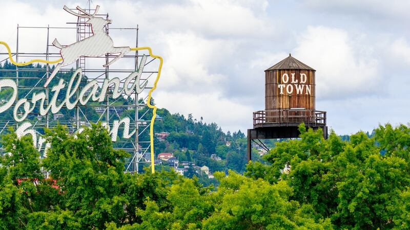 Portland’s  White Stag, a former advertising sign, greets visitors. Photograph: Getty Images