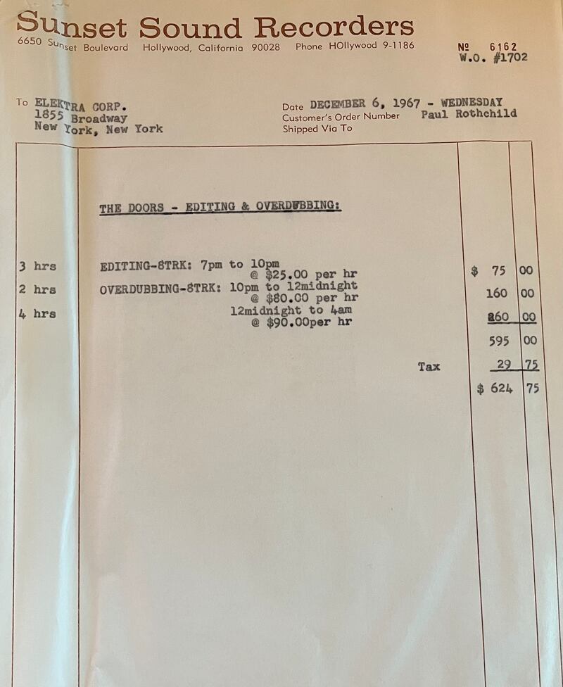 Ian Dowling’s Doors recording invoice