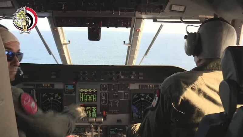 A screen grab taken from a handout video obtained from the Egyptian Defence Ministry  shows the pilots of an Egyptian Navy aircraft engaged in search operations for missing EgyptAir flight MS804 at sea off the Egyptian coast, north of Alexandria. Photograph: EPA