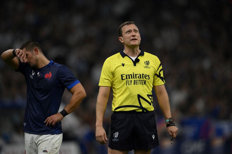 English referee Matthew Carley looks up at the TMO screen during the France 2023 Rugby World Cup match between France and Namibia at the Stade de Velodrome in Marseille. Photograph: Nicolas Tucat/AFP/Getty Images