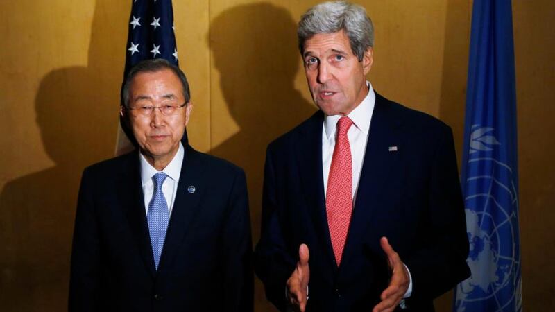 US secretary of state John Kerry and UN secretary general Ban Ki-Moon make statements to reporters in Cairo, Photograph: Charles Dharapak/Pool/Reuters
