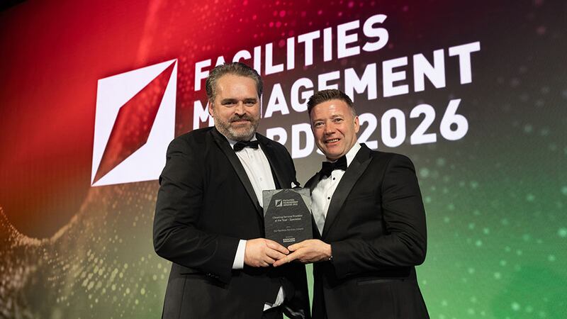 Mark Keeley, sales manager, Kärcher Ireland, presents the cleaning service provider of the year – specialist award to Mark Cummins, ISS Facilities Services Ireland