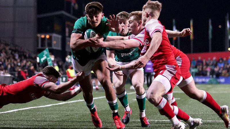 Ireland’s Chay Mullins scores a try during the  Under-20 Six Nations Championship match against Wales at Musgrave Park in Cork. Photograph: Laszlo Geczo/Inpho