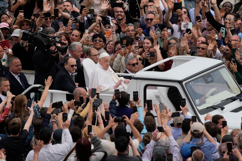 2025. Pope Francis tours St Peter’s Square in his popemobile on Easter Sunday April 21st. Photo: Gregorio Borgia/AP