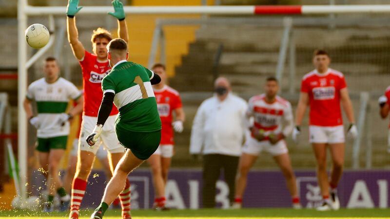 Tipperary’s Evan Comerford kicks a free against Cork. Photograph: James Crombie/Inpho