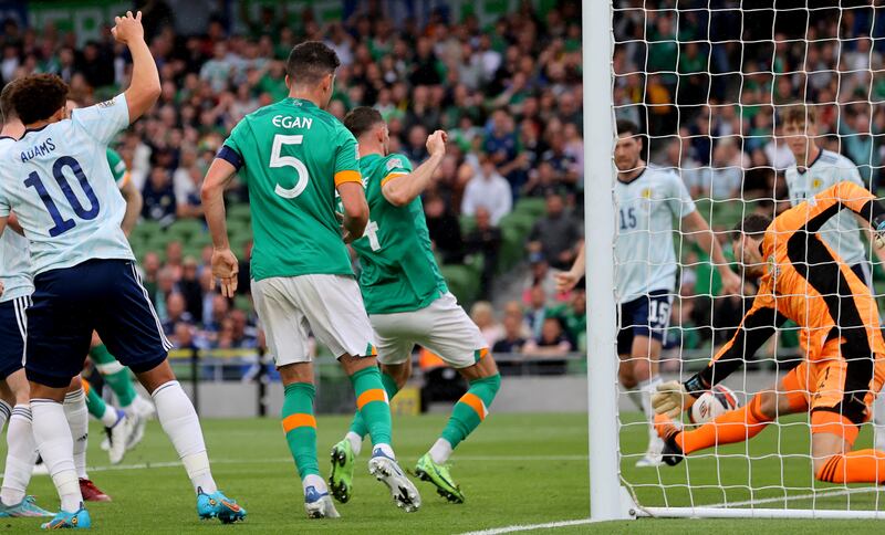 Alan Browne scores Ireland's opener against Scotland at the Aviva Stadium. Photograph: James Crombie/Inpho