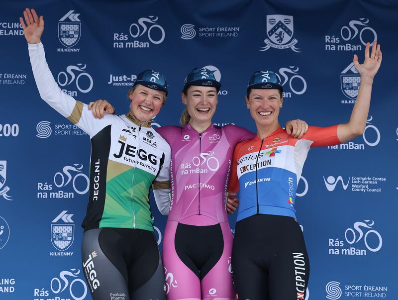 Mia Griffin (centre) with Noor Dekker (left) and Manon de Boer. Photograph: Lorraine O’Sullivan