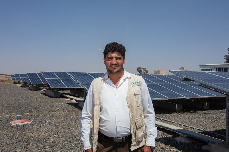 "UNICEF provided the panels, inverters, control devices, and the entire system," explains Mohammed Hasan, head of maintenance at the water and sanitation department in Dhamar. Photograph: Qadari/Unicef, Yemen, 2023