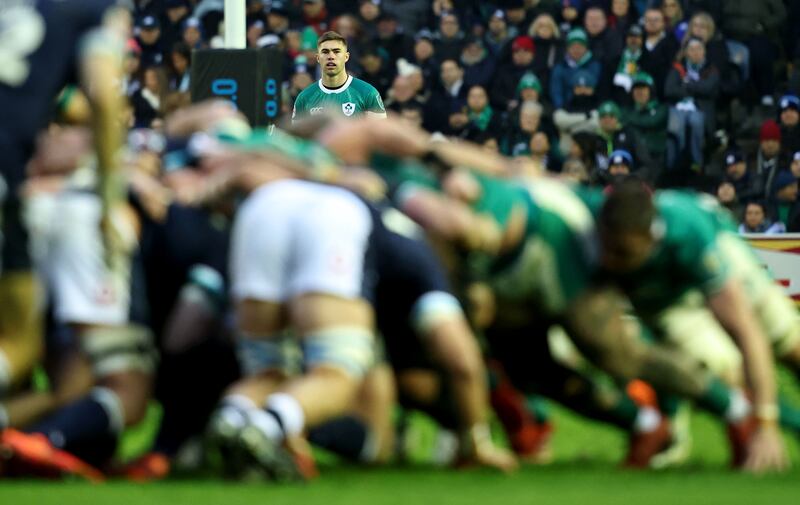 Jack Crowley looks on during a scrum during last year's Six Nations fixture between Ireland and Scotland. Photograph: Dan Sheridan/Inpho