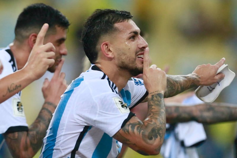 Argentina's midfielder Leandro Paredes celebrates their victory against Brazil. Photograph: Daniel Ramalho/AFP via Getty