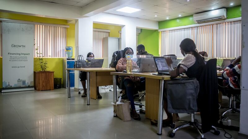 A co-working space in the Co-Creation Hub in Yaba, Lagos. Photograph: Sally Hayden