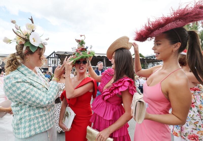 Anne Holthaus, Aisling McCarthy, who won Most Creative Hat, Gigi Lynn Browne and Molly Kane, on Ladies Day 2026. Photograph: Alan Betson/The Irish Times

