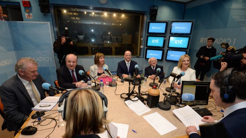 All six presidential candidates together for the first time for a live debate on RTÉ Radio 1, moderated by Cormac Ó hEadhra. Included are (from left) Peter Casey, Gavin Duffy, Joan Freeman, Sean Gallagher, President Michael D. Higgins, Liadh Ní Riada. Photograph: Dara Mac Dónaill /The Irish Times