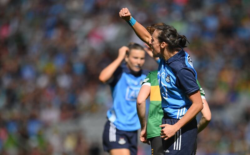 Hannah Tyrrell of Dublin celebrates after kicking her side's first point during the final. Photograph: Seb Daly/Sportsfile 