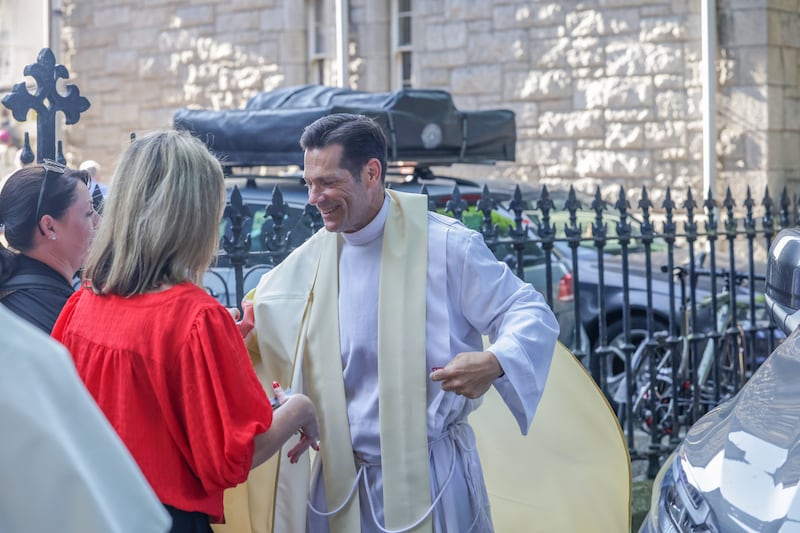 Fr Mike Schmitz leaves St Kevin's Church after saying mass in Dublin. Photograph: Enda O'Dowd