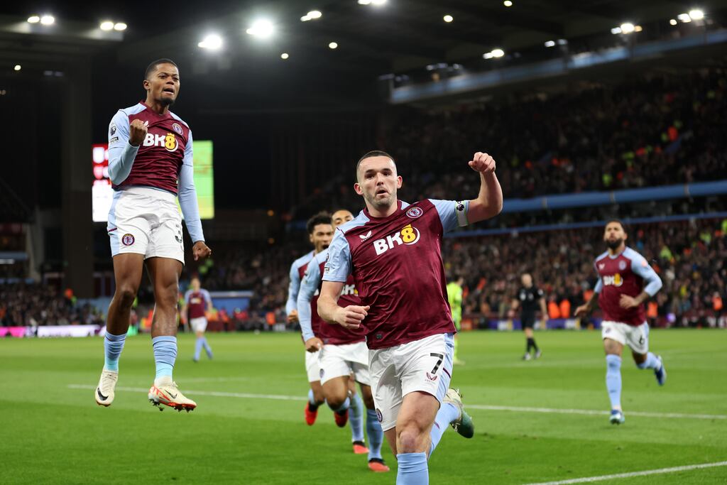 John McGinn celebrates scoring Aston Villa's goal during the Premier League match against Arsenal at Villa Park. Photograph: Catherine Ivill/Getty Images