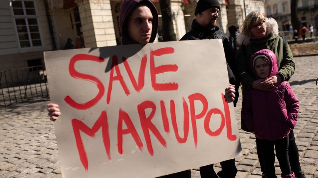 Ukrainians in Lviv take part in an action in support of the residents and defenders of Mariupol on Saturday. Photograph: Alexey Furman/Getty Images