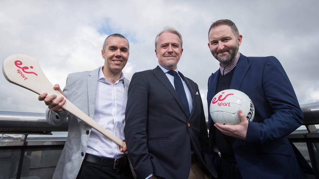 Dave McIntyre (eir Sport commentator), Brian Quinn (Marketing and operations director), and Ger Gilroy (eir Sport presenter) at eir Sport’s launch of their new five year deal to broadcast live club championship games. Photograph: Inpho