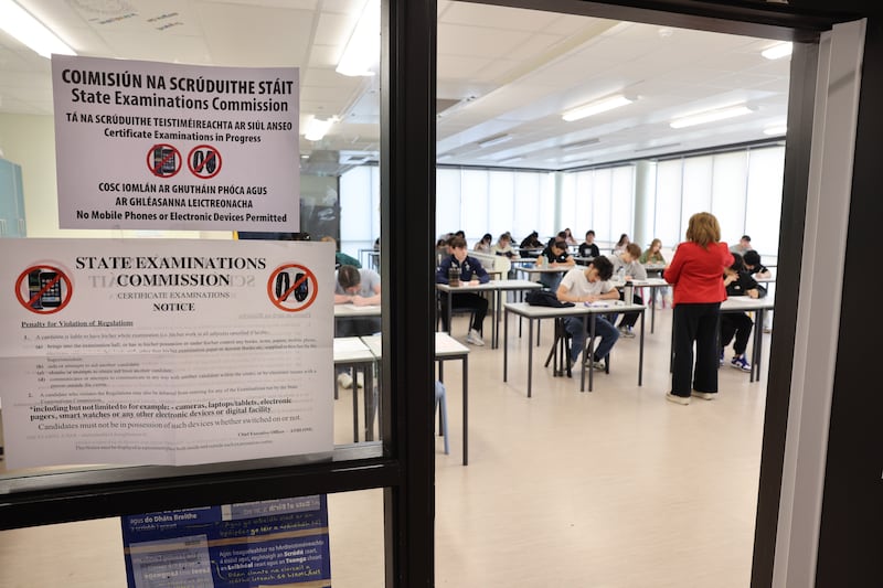 Leaving cert students this morning preparing to start English paper one at Belmayne Educate Together Secondary School, Dublin.
Photograph: Dara Mac Dónaill