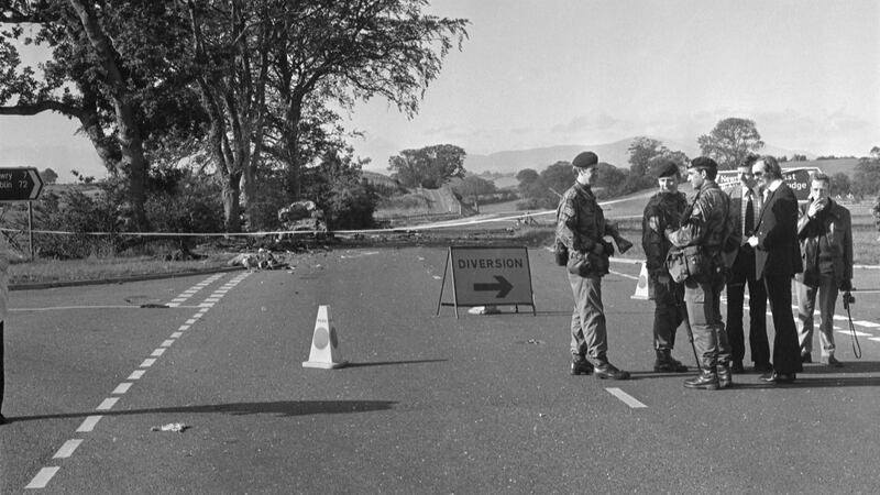 British soldiers at the scene of the Miami Showband massacre on the A1 at Buskhill, Co Down, on July 31st, 1975. Three of the band members were murdered that evening and two were seriously wounded. Photograph: Independent News and Media/Getty Images