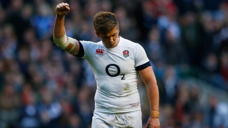 England’s Owen Farrell celebrates his try   at Twickenham. Photograph: Darren Staples/Reuters