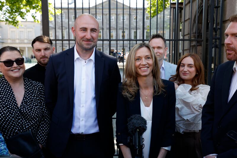 Newly elected Social Democrats TD for Dublin Central, Daniel Ennis, being greeted at Leinster House by party leader Holly Cairns. Photograph: Nick Bradshaw 
