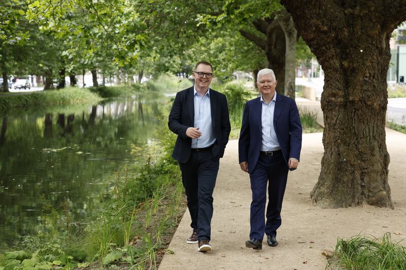Niall Gaffney, CEO of IPUT Real Estate and John McDonagh, CEO of Waterways Ireland, visit the finished site. Photograph: Nick Bradshaw/ The Irish Times