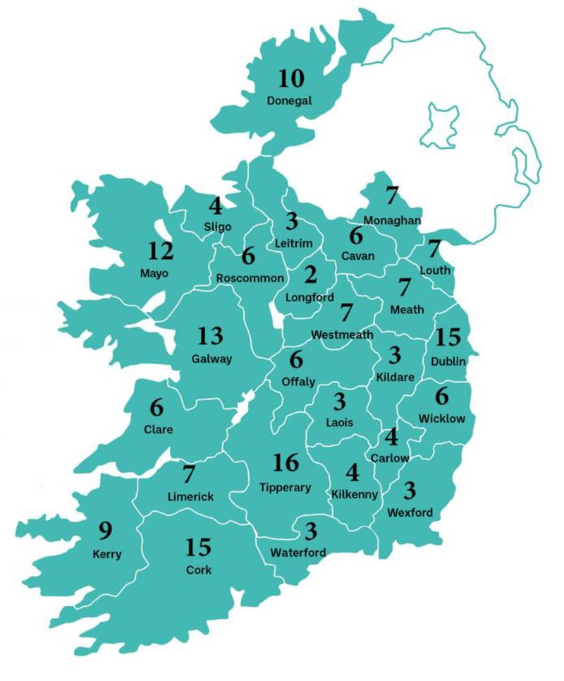 Map showing where the 184 road deaths occurred in 2023