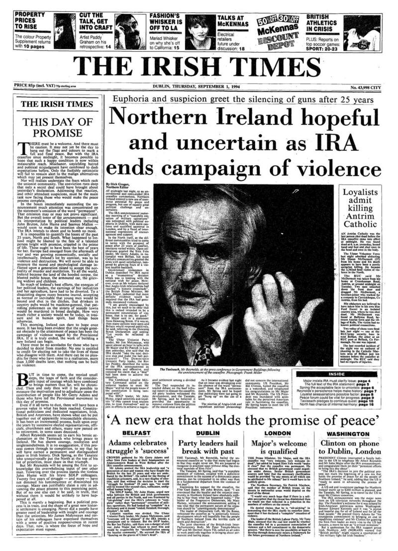 The Irish Times front page on September 1st, 1994