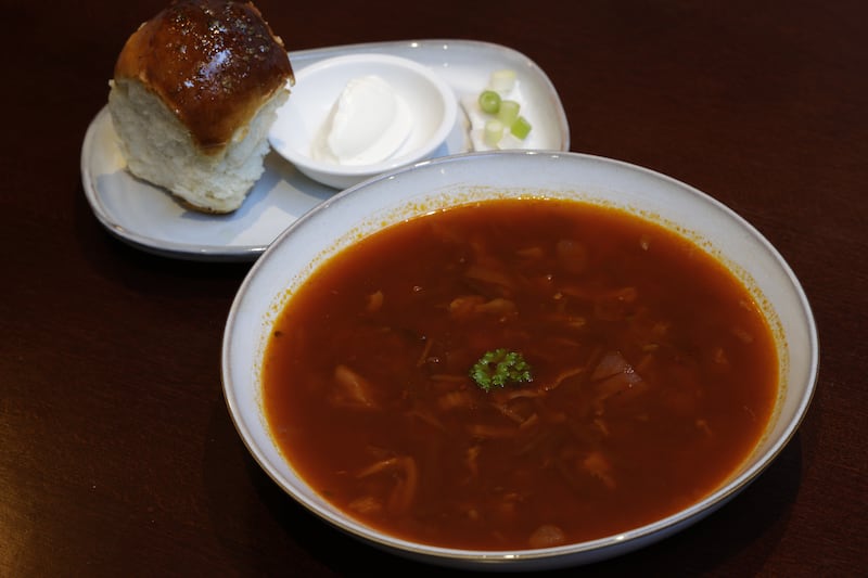 Borscht with pampushka (soup). Photograph: Nick Bradshaw