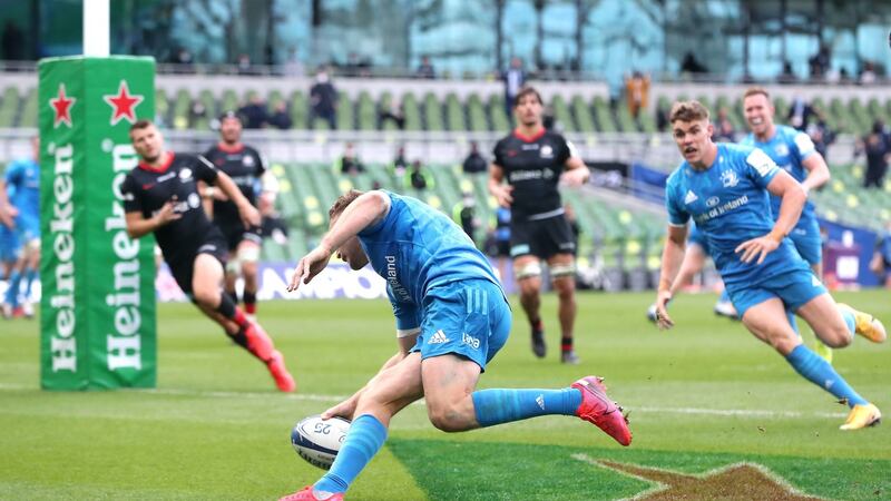 Jordan Larmour touches down for Leinster in the second-half. Photograph: Niall Carson/PA