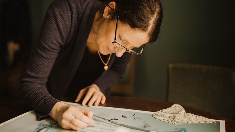 Kerstin Walsh at work on one of her dress portraits. Photograph: Kate Bean. Styling: Alice Halliday