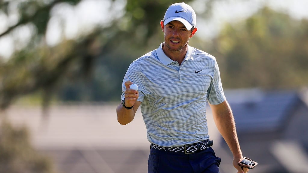 Rory McIlroy holds his ball after putting on the 15th green during the first round of the Arnold Palmer Invitational golf tournament at Bay Hill Club & Lodge in Orlando, Florida. Photograph: Tannen Maury/EPA