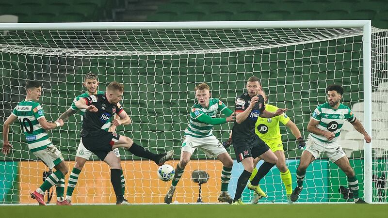 Dundalk’s Seán Hoare scores his side’s third goal during the FAI Cup Final against Shamrock Rovers at the Aviva stadium. Photograph: Tommy Dickson/Inpho