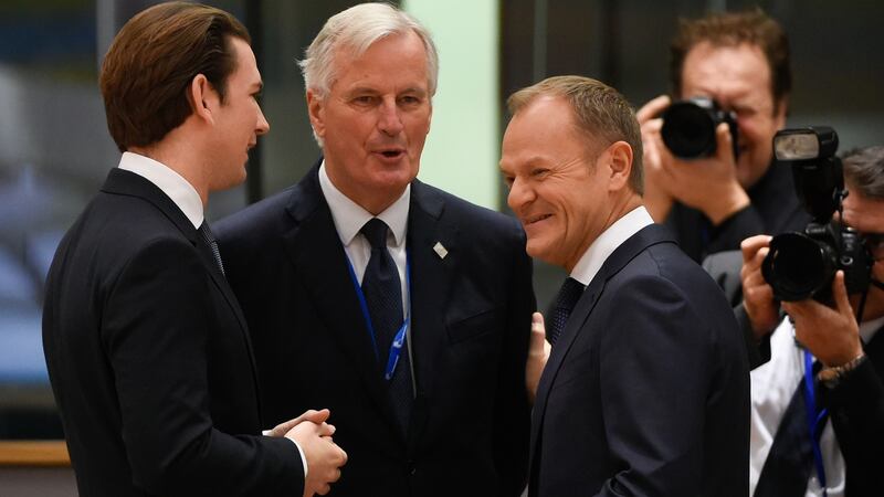 EU chief Brexit negotiator Michel Barnier (centre) chats to Austria’s chancellor Sebastian Kurtz (left) and European Council president Donald Tusk before this morning’s summit. Photograph: John Thys/AFP/Getty Images