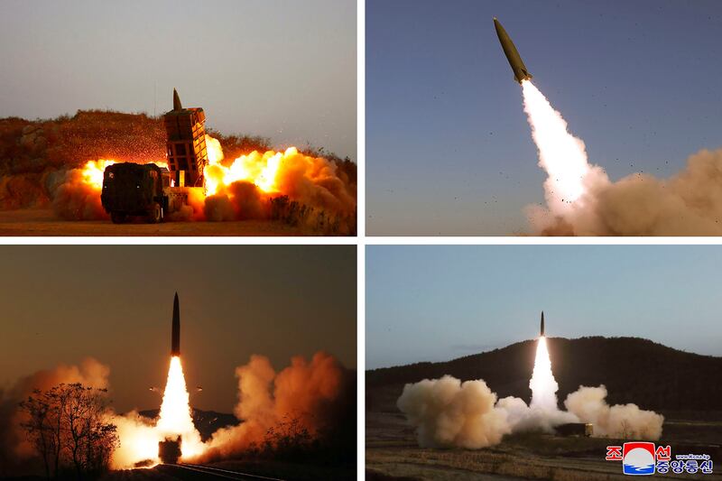 Combination of photos provided by the North Korean government, shows what they say was a military operation in November. Independent journalists were not given access to cover the event depicted in this image distributed by the North Korean government. Photograph: Korean Central News Agency/Korea News Service via AP