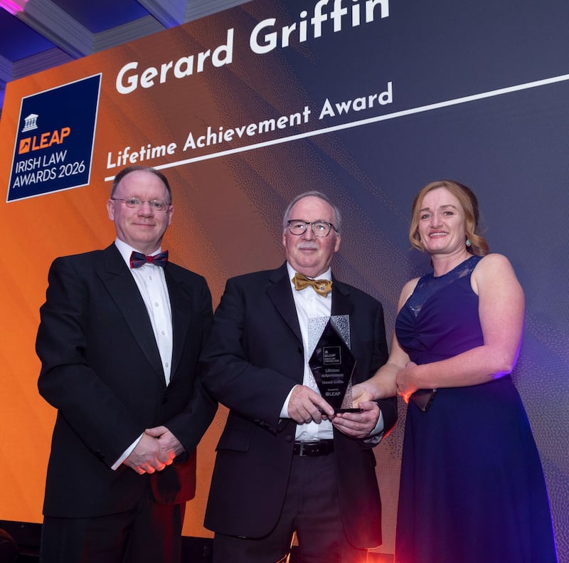 Richard Hammond, solicitor and partner at Hammond Good and chair of the judging panel of the Leap Irish Law Awards; Gerard Griffin; and Michelle Daly, chief operating officer at Leap. Photograph: Paul Sherwood