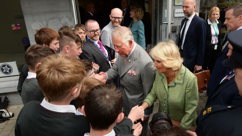 Prince Charles and his wife Camilla  meeting first year students from CBS Kilkenny, during their visit to Cartoon Saloon,  Kilkenny. Photograph: Dara Mac Dónaill / The Irish Times