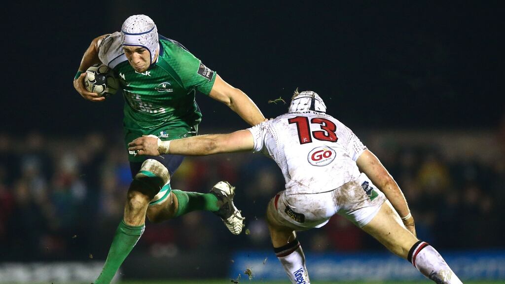 Connacht’s Ultan Dillane attempts to go past Ulster’s Luke Marshall: Dillane is back in Connacht’s starting line-up for clash with Scarlets. Photograph: James Crombie/Inpho