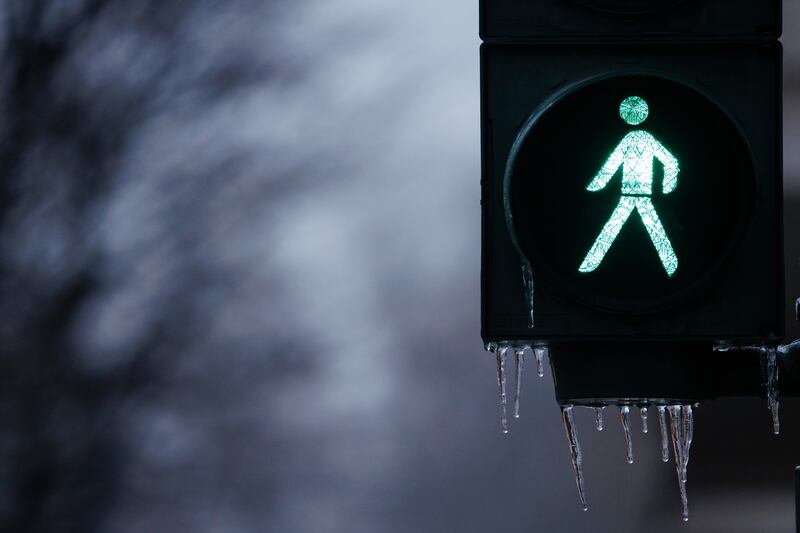 Icicles hang from a traffic light in Berlin last week. Photograph: EPA