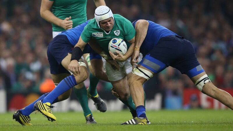 Rory Best is tackled during the 2015 Rugby World Cup match against France at the Millennium Stadium in Cardiff.  Photograph:  ©INPHO/Billy Stickland